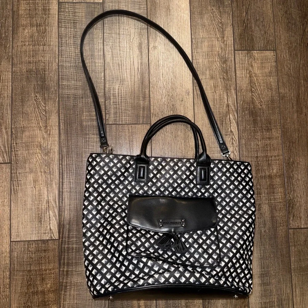 Vera Bradley Black White Geometric Diamond Tote Bag Crossbody Satchel Tassel